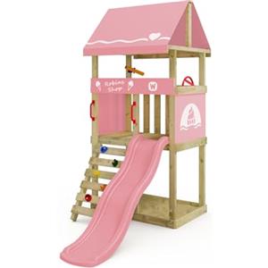 Wickey Parco giochi DinkyHouse senza estensione dell'altalena - con scivolo & telone rosa pastello - Torre di arrampicata per bambini per il giardino in legno massiccio - 219x114x247 cm