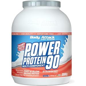 Body Attack Power Protein 90, Fragola, 2 kg, 5K proteine in polvere con proteine del siero di latte, L-carnitina e BCAA per la costruzione muscolare e il fitness