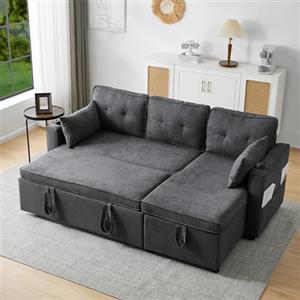 Autheria Divano Letto 3 Posti con Penisola, Angolare Forma di L, Matrimoniale con Materasso, Braccioli, Vano Portaoggetti e Porta Bevande, Grigio