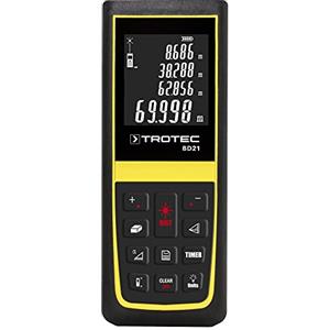 TROTEC Misuratore di distanza laser BD21 - Misuratore di distanza digitale - Portata fino a 70 m, sensore di inclinazione 90°, IP54, livella a bolla d'aria, spegnimento automatico, funzione timer