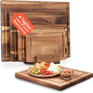 Avilia - Set 4 Taglieri da Cucina in Acacia Naturale con Base di Supporto Antiumidità, Taglieri in Legno Resistenti e Igienici per Tagliare, Servire e Presentare con Eleganza