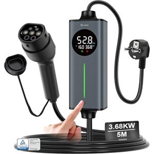 GONEO Cavo Ricarica Auto Elettrica Tipo 2 Schuko 16A 3,68kw monofase 5M | sensore di Temperatura e rilevamento Terra,Protezione CA 30mA + CC 6mA | Tempo e Corrente Regolabili,Caricatore Domestico VE