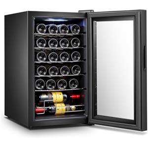 Wintem Cantinetta Refrigerata per Vino con Porta in Vetro Temperato e Struttura in Metallo - Display Touch, Luce Led, 5 Ripiani e Cestello, Nero, 220V/50Hz, 70L, 24 Bottiglie