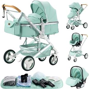 YAZOCO Passeggino Trio 3 in 1 Carrozzina Multifunzionale Carrozzina Ovetto Pieghevole Set Passeggino Neonato Sedili Parapiedi Zanzariere Vista Dall'Alto
