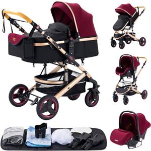 YAZOCO Passeggino Trio 3 in 1 Carrozzina Ovetto Pieghevole Set Viaggi Passeggino Neonato Sedili Parapiedi Zanzariere Carrozzina Multifunzionale (2 rosso)