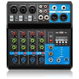 JINPRDAMZ Mini console di miscelazione stereo a 5 canali, mixer con USB Bluetooth e 48 V Phantom Power, DJ Live Audio Mixer con effetto hall per karaoke Stage, Home KTV, studi di registrazione, streaming live
