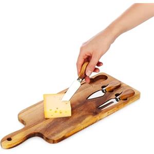 Avilia Set 3 Coltelli da Formaggio con Tagliere in Legno di Acacia - Lame Acciaio per Formaggi Morbidi, Stagionati e Freschi, Tagliere Legno Grande Ideale per Aperitivo, Degustazione