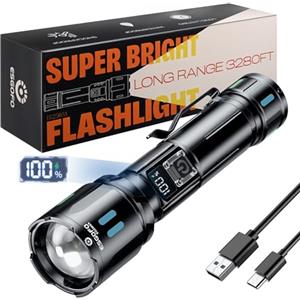 Esgofo 1000000 Lumens Torcia LED Potente Professionale, Ricaricabile Zoomabile a Lunga Distanza e 3 Modalità, USB C di Lunga Durata 15H, Torcia Tattica Militare per Emergenza di Campeggio