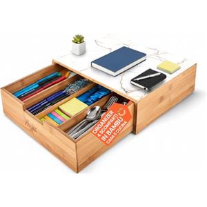 Avilia - Cassettiera Organizer in Bambù con Ripiano in Vetro Marmorizzato 30x30x10cm, Cassetto Porta Capsule e Cialde Ideale per Casa e Ufficio, Design Elegante Multiuso e Resistente