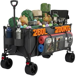 Devoko 260L carrello spiaggia Massimo 200kg carrello con ruote portatutto grandi,carrellos pieghevole Con Braccioli Regolabili e Tasche Laterali per Giardino Campeggio Ogni Tipo di Terreno, Grigio