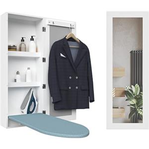 Organizedlife Armadietto per asse da stiro, armadietto portaoggetti da parete con specchio, staffe in metallo, pieghevole e nascosto per risparmiare spazio, bianco