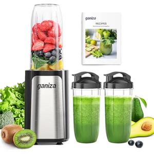 Ganiza Frullatore, 900 W, mini frullatore con 3 bicchieri portatili (2 × 500 ml & 1 × 700 ml), lama a quattro lame in acciaio inox, senza BPA, facile da pulire, frullatore elettrico per shake