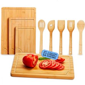 Avilia Set Taglieri in Bambù 3 Formati con 5 Utensili Cucina Legno - Tagliere Legno Grande, Medio e Piccolo Antibatterici per Taglio e Preparazione - Kit Completo Idea Regalo Cucina