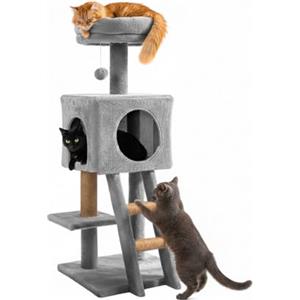 Avilia - Tiragraffi per Gatti 92 cm con Cuccia Chiusa e Piattaforme Multilivello, Colonna in Sisal Naturale e Scala Integrata, Ideale per Gioco Quotidiano e Relax, Struttura Compatta (Grigio)