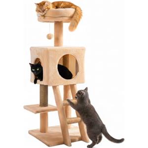 Avilia - Tiragraffi per Gatti 92 cm con Cuccia Chiusa e Piattaforme Multilivello, Colonna in Sisal Naturale e Scala Integrata, Ideale per Gioco Quotidiano e Relax, Struttura Compatta (Beige)