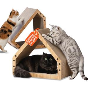 Avilia Tiragraffi per Gatti Casetta in Legno con Rifugio Interno - Graffiatoio e Cuccia 2-in-1 in Cartone Ondulato, Design Salvaspazio 50x30x42 cm, Stabile fino a 10 kg
