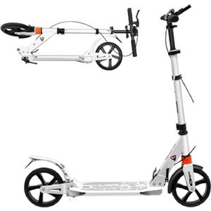 JDBDU Monopattino per bambini e ragazzi, adulti, regolabile in altezza, pieghevole, fino a 100 kg, grandi ruote da 200 mm, con freno a mano, colore: bianco