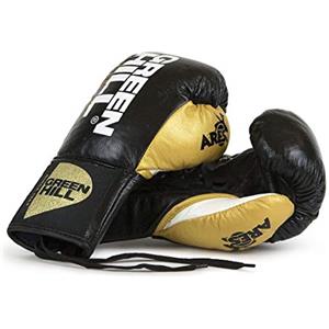 GREEN HILL GUANTI DA BOXE PROFESSIONISTI ARES GREEN HILL GUANTONI CRINE LACCI PELLE (Nero/oro, 8 oz)