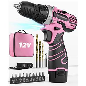 FAHEFANA Trapano Avvitatore Batteria 12V, Rosa, Max 25Nm, 2.0Ah Batterie, 18+1 Impostazione Coppia, LED Luce, 15 Accessori, 10mm Mandrino Autoserrante, Per Riparazione e Fai da te, Donne