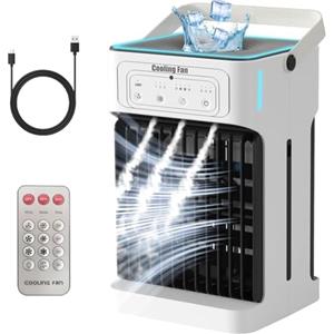 YFFU Condizionatore Portatile con Telecomando,1100ml Doppio Motore e Ventola Mini Climatizzatore,Timer 2-8, 3 velocità 3 Nebulizzazione,Ventilatore Aria Fredda per Casa Ufficio,Argento Bianca