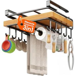 Avilia Mensola Sottopensile Cucina 3 in 1 in Acciaio Inox - Porta Rotolo Cucina, 10 Ganci e Porta Tagliere Integrati - Organizzatore Cucina Salvaspazio 26,5x25x7 cm Senza Forare