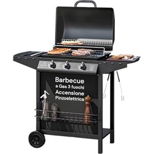 Avilia Barbecue a Gas 3 Fuochi Thomas - BBQ da Esterno in Acciaio Nero con Griglia Inox, Termometro, Cappa, Accensione Piezoelettrica e Ruote, Barbecue a Gas Esterno Compatto e Potente