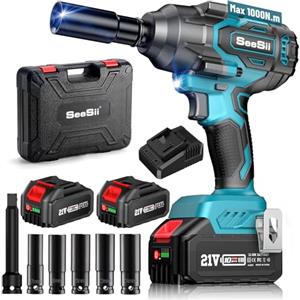 Seesii 1200 N·m Avvitatore a Impulsi 1/2", avvitatore a impulsi elettrico brushless ad 2 batterie 4000 mAh con caricatore rapido, pistola a impulsi con 5 bussole, per auto, camion, officina, garage