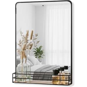 Avilia - Specchio da Parete 40x30x5cm Moderno con Cornice Nera e Ripiano in Legno - Specchio da Bagno con Mensola Portaoggetti Integrata - Design Elegante per Ingresso, Camera e Corridoio