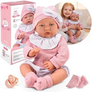 Kinderplay Bambola 41 cm corpo morbido - bambola parlante con suono/suono con ciuccio e accessori, bambola realistica in vestito rosa, giocattolo regalo per ragazze e ragazzi dai 3 anni in su