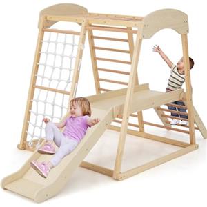 RELAX4LIFE Set di Arrampicata Multifunzione, Parco Giochi in legno Massello con Scivolo, Centro Attività da Interno, per Bambini 1 a 5 Anni (205x112x120 cm, Naturale)