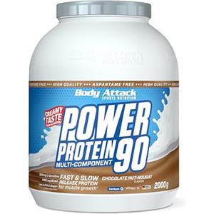 Body Attack Power Protein 90, Cioccolato-Torrone, 2 kg, 5K proteine in polvere con proteine del siero di latte, L-carnitina e BCAA per la costruzione muscolare e il fitness
