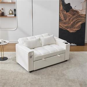 Kelodan Divano letto 3 in 1 140,5 x 74 x 82 cm, con schienale regolabile, porta USB, divano lounge a 2 posti, pieghevole, dotato di tavolo nascosto, porta bevande, beige