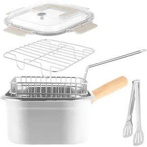 CRNXOMP Pentola per friggitrice in acciaio inox con cestello e manico, padella quadrata portatile con coperchio, friggitrice multifunzionale per friggere pesce, pollo e patatine fritte. (vestito 2)