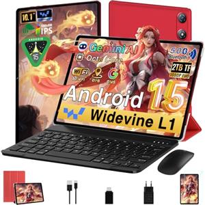 UJJ 2026 Tablet Android 15 10 Pollici con 64GB ROM +2TB TF, 5G WiFi 6, Octa-Core, GMS, Bluetooth 5.0, 5MP+8MP, 1280*800 FHD IPS, GMS Certificazione, Widevine L1, Tablet 2 in 1 con Tastiera e Mouse - Rosso