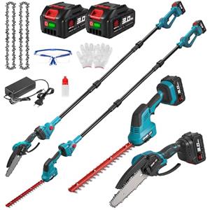 ONEVAN Tagliasiepi Telescopico a Batteria 4-in-1, Tagliasiepi Elettrico e Motosega da 6, 180° Testina Rotante, Asta di Prolunga da 2,25m, 2 Batterie 3,0Ah, Potatore Telescopico per Giardino e Alberi