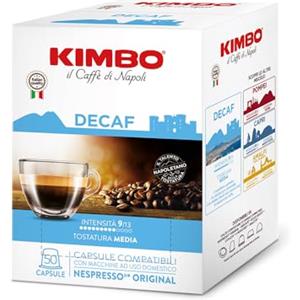 Kimbo, Decaf, Le Meraviglie del Gusto 50 Capsule Caffè Compatibili Nespresso® Original®, Miscela Decaffeinata, Intensità 9/13, Tostatura Media, 1 Pack da 50 Capsule
