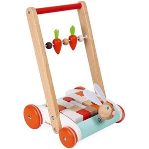 Janod Carrello Primi Passi Coniglio in Legno con Testa Su Molla e 19 Cubi per Bambini da 1 Anno