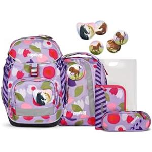 ergobag pack set Zaino scolastico ergonomico e flessibile, 6 pezzi, per la prima elementare Flower PowBear - Lilla