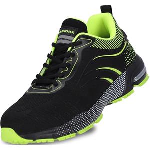 ELIWORX Scarpe da lavoro uomo antinfortunistiche S1 PL in rete traspirante - Onyx Pro - con punta in acciaio, intersuola in kevlar antiperforazione, particolarmente antiscivolo, nero neon, 45 EU
