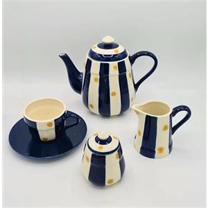 Generico Servizio Tè e Caffè da 6, 1 Teiera, 1 Lattiera, 1 Zuccheriera, 6 Tazze da Tè con 6 Piattini. Servizio Tè, ceramica. (Righe Bianche Blu con Stelle Gialle) SUN YELLOW - 41/2000