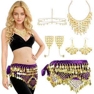Baisdan 7 Pezzi Cintura e Sciarpe di Danza del Ventre Set, con Orecchini, Collana, Braccialetti, Copricapo a Monete d'oro, per Halloween, Carnevale, Spettacoli Viola