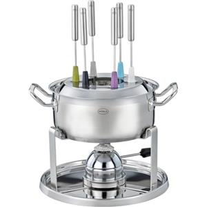 RÖSLE Set fonduta 6 Persone, pentola Inox 20 cm con Coperchio in Vetro, bruciatore Gas 1000 W, rechaud Pieghevole e Accessori, Ideale per fonduta di Formaggio e Cioccolato.