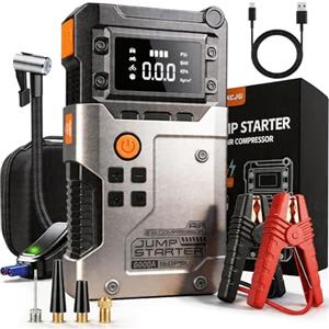 LISKCJG 6-in-1 Booster Avviamento Auto 6000A Portatile Avviatore Batteria Auto, Avviatore di emergenza, LED/LCD, Luce 600 Lumen, Starter Batteria with Compressore Aria 160PSI con Display