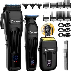 BESTBOMG® BS-808A - Tagliacapelli da uomo, tagliacapelli professionale, rasoio ricaricabile, lama a T in metallo, display a LED, kit per taglio capelli da barbiere per uomini e regali, BS-808A (nero)