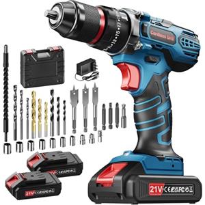 FAHEFANA Trapano A Percussione 21V, Trapano Avvitatore Batteria con 2 Batterie 2,0Ah, Avvitatore a Batteria Coppia Massima di 45Nm, 2 Velocità, 25+3 Coppia, 10mm Morsa, Set di Accessori 29 Pezzi con Valigetta