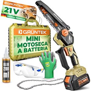 GRÜNTEK Mini Motosega a Batteria 700W - Motosega Elettrica Guida 6". Sega Elettrica per Potatura Brushless. Seghetto Elettrico per Legno. Lubrificazione Automatica. Potatore con Accesori Giardinaggio.