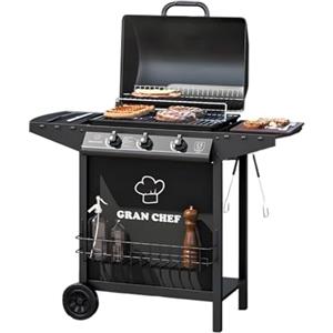 Zendea Barbecue a Gas 3 Fuochi Thomas - BBQ da Esterno in Acciaio Nero con Griglia Inox, Termometro, Cappa, Accensione Piezoelettrica e Ruote, Barbecue a Gas Esterno Compatto e Potente