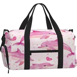 Ginfult Borsa sportiva da palestra rosa con delfino oceano e mare con scomparto per scarpe e tasca bagnata, borsa da viaggio impermeabile per allenamento durante la notte, borsa da weekender, per