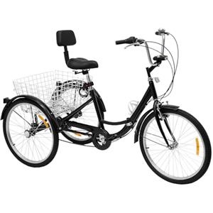 Pinuox 24 pollici triciclo per adulti, pieghevole, altezza regolabile a 3 ruote, con portabottiglie, cestino della spesa e luce a LED, 7 marce, tricicicli per anziani, giovani e donne (nero)
