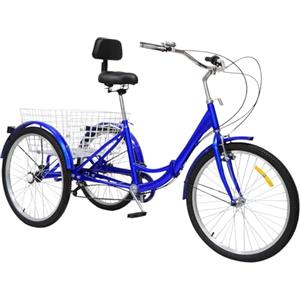 WOLEGM 24 pollici triciclo per adulti, 3 ruote a 7 marce, triciclo con cestino della spesa, 3 ruote, bici da crociera e triciciclo per adulti (blu)